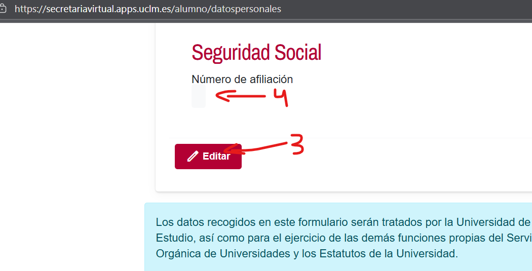 Interfaz de la Secretaría Virtual de UCLM para editar el número de la Seguridad Social