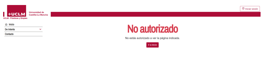 Mensaje de error de acceso no autorizado en la aplicación Prácticas en Empresas